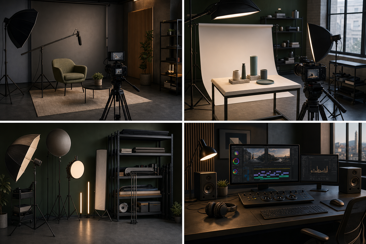 Area set dello studio con fondale e supporti luce